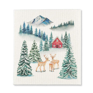 Winter Forest W/Cabin Swedish Dishcloth
