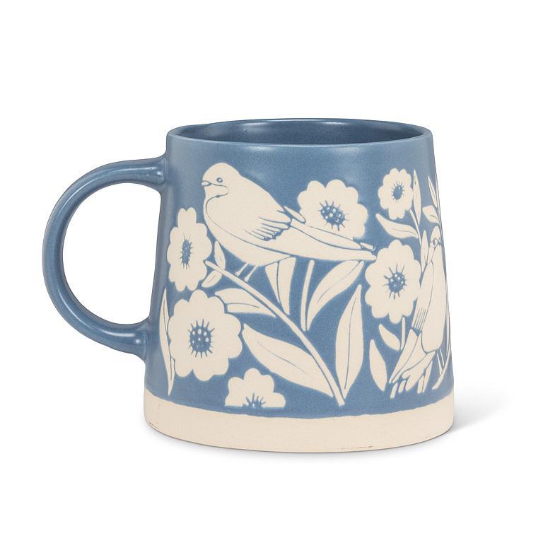 Wide Based Mug With Leaves & Birds - Blue