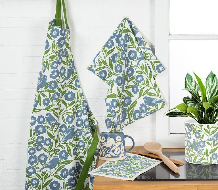 Wide Based Mug With Leaves & Birds - Blue