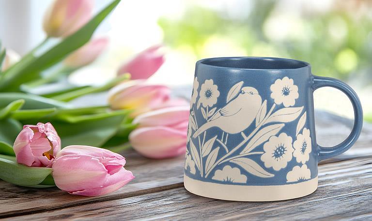 Wide Based Mug With Leaves & Birds - Blue
