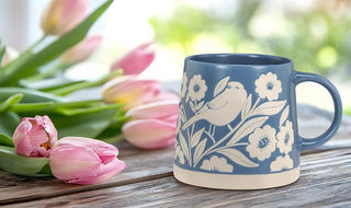 Wide Based Mug With Leaves & Birds - Blue