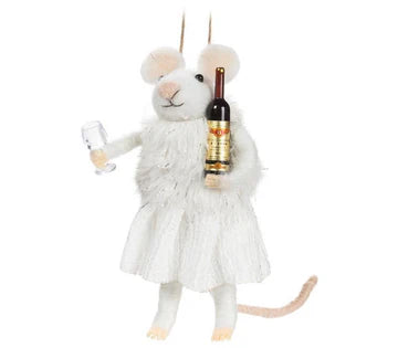 Winter Mouse W/Wine & Glass Ornament