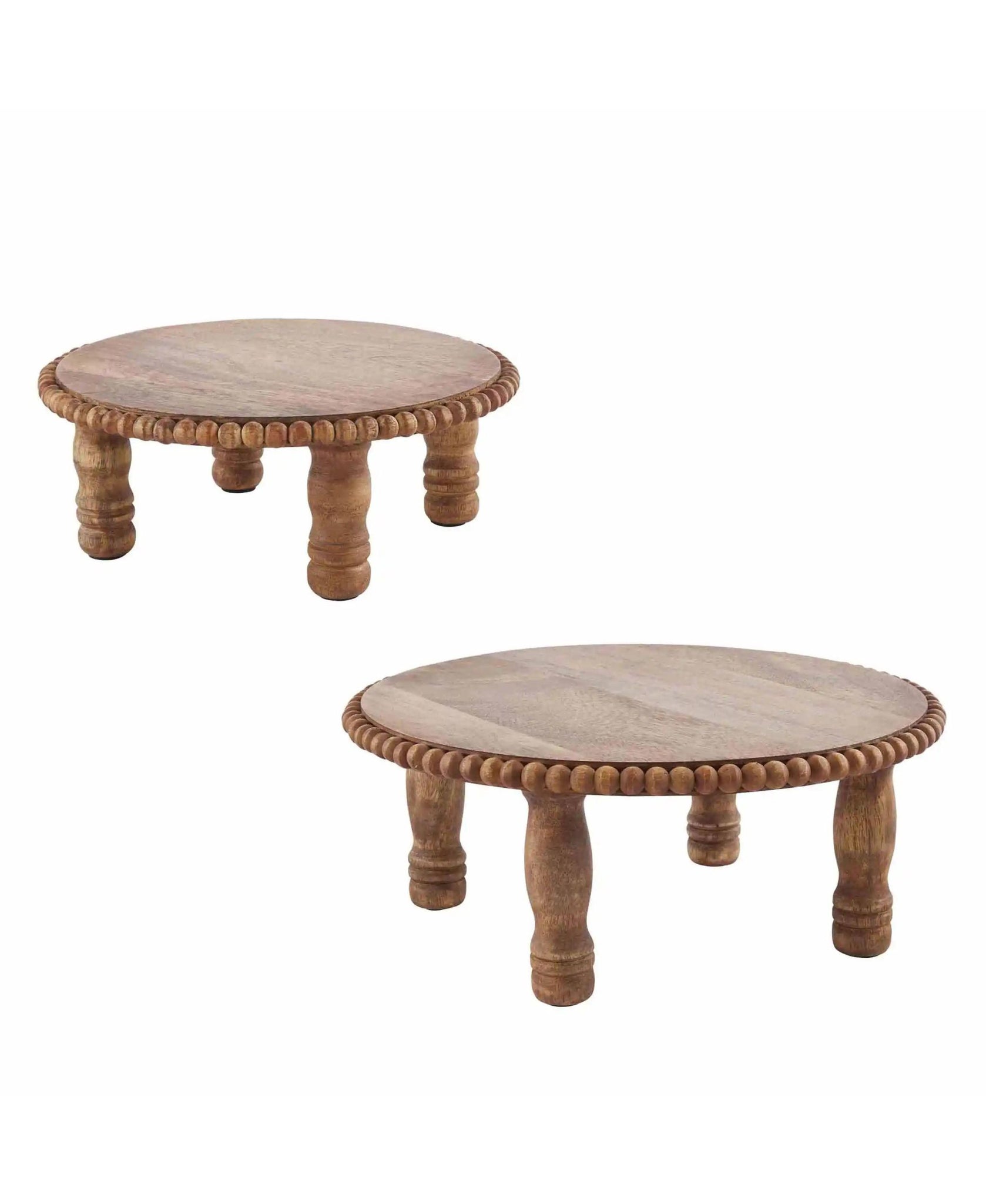 Beaded Natural Wood Pedestal Set of 2