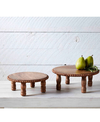 Beaded Natural Wood Pedestal Set of 2