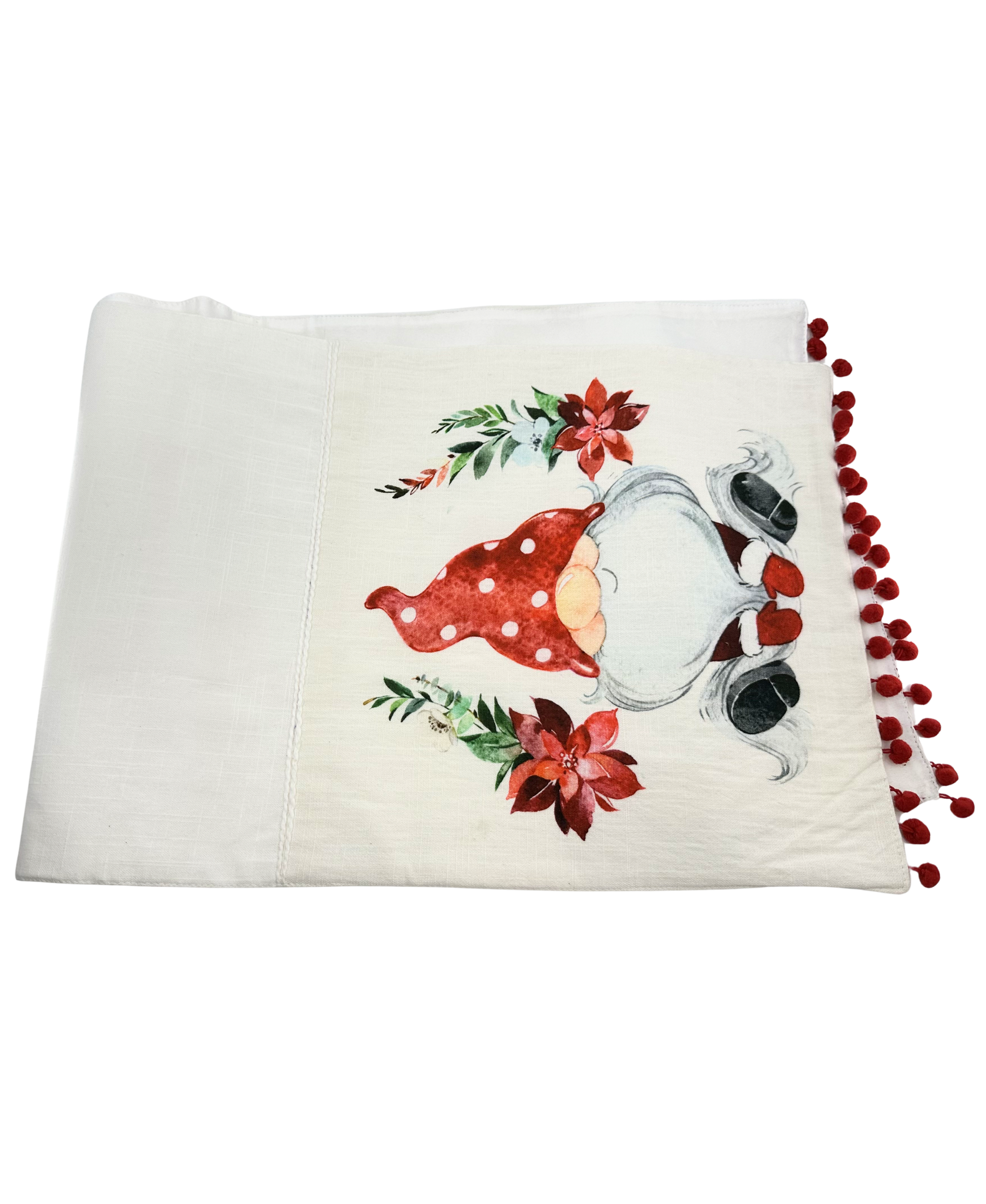 Ganz Gnome & Poinsettia Table Runner with Pom Poms