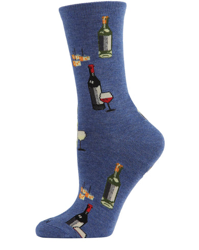 Women's Wine and Cheese Bamboo Blend Crew Socks - Denim Heather
