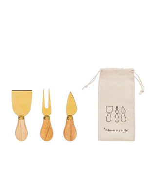 Stainless Steel Cheese Knives / Utensils with Oak Wood Handles - Set of 3