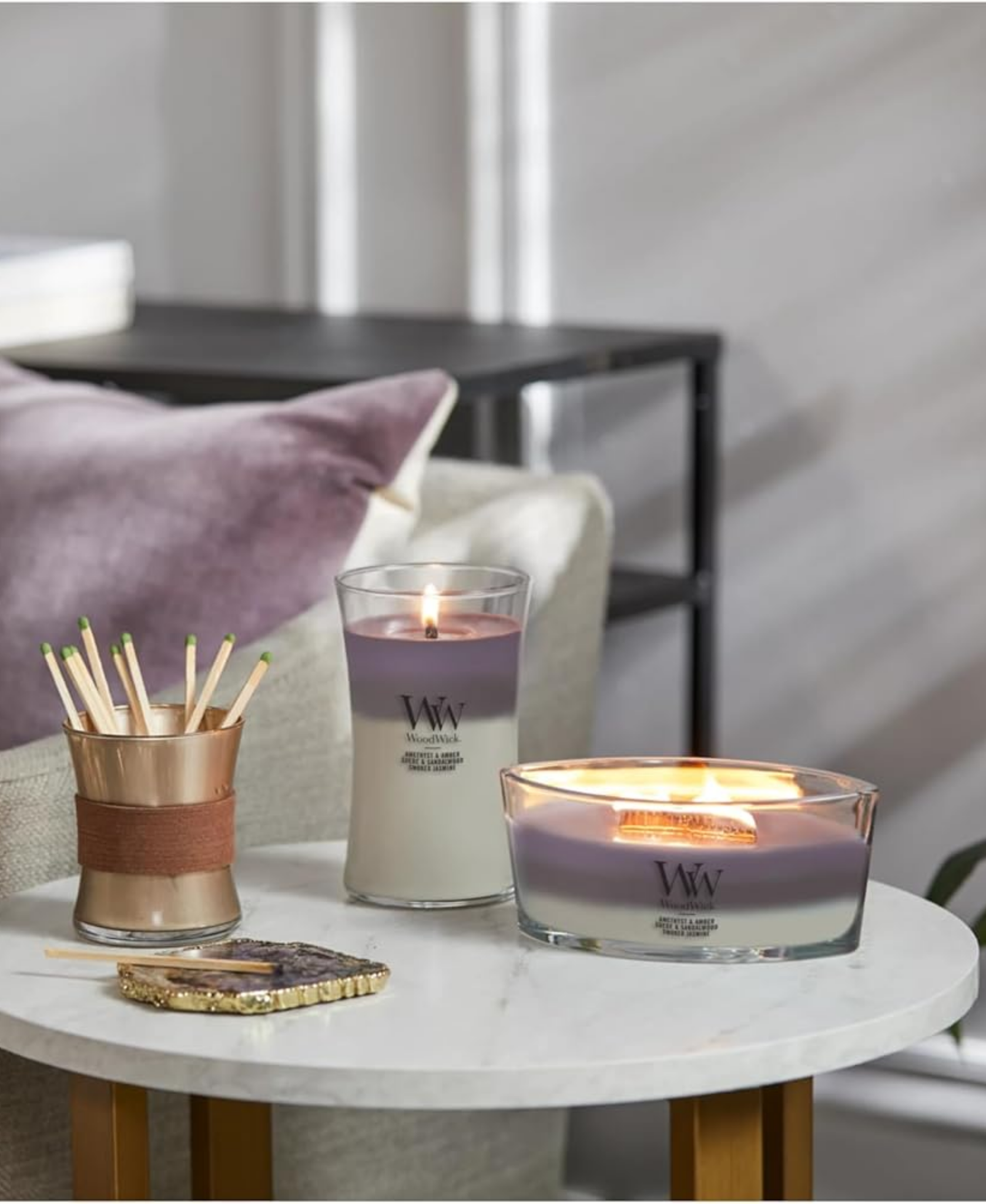 WoodWick Amethyst Sky Trilogy Candle - Ellipse (Amethyst, Suede & Smoked Jasmine)