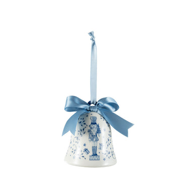 Ceramic Bell Ornament With Nutcracker & Bow Blue & White