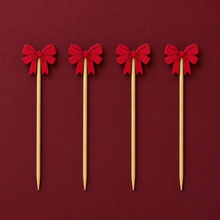 Bamboo Picks W/ Bow Shaped Handles, Natural & Red, Set of 50
