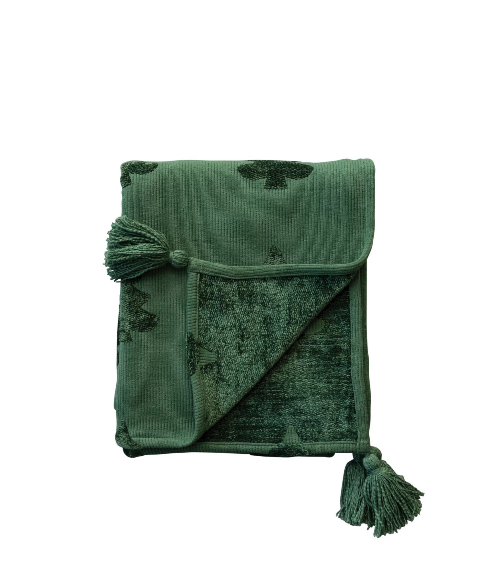 Woven Cotton Blend Jacquard Throw With Trees & Tassels, Green