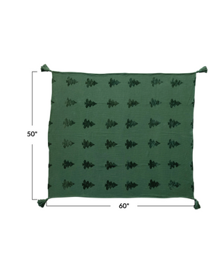 Woven Cotton Blend Jacquard Throw With Trees & Tassels, Green