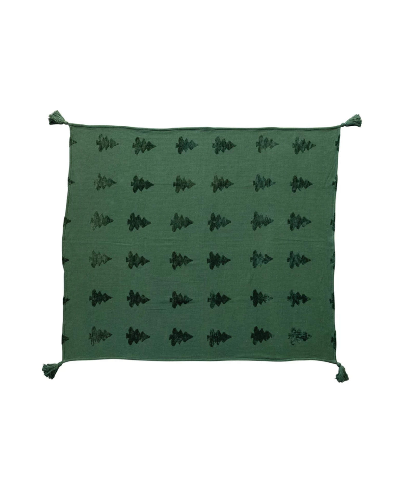 Woven Cotton Blend Jacquard Throw With Trees & Tassels, Green