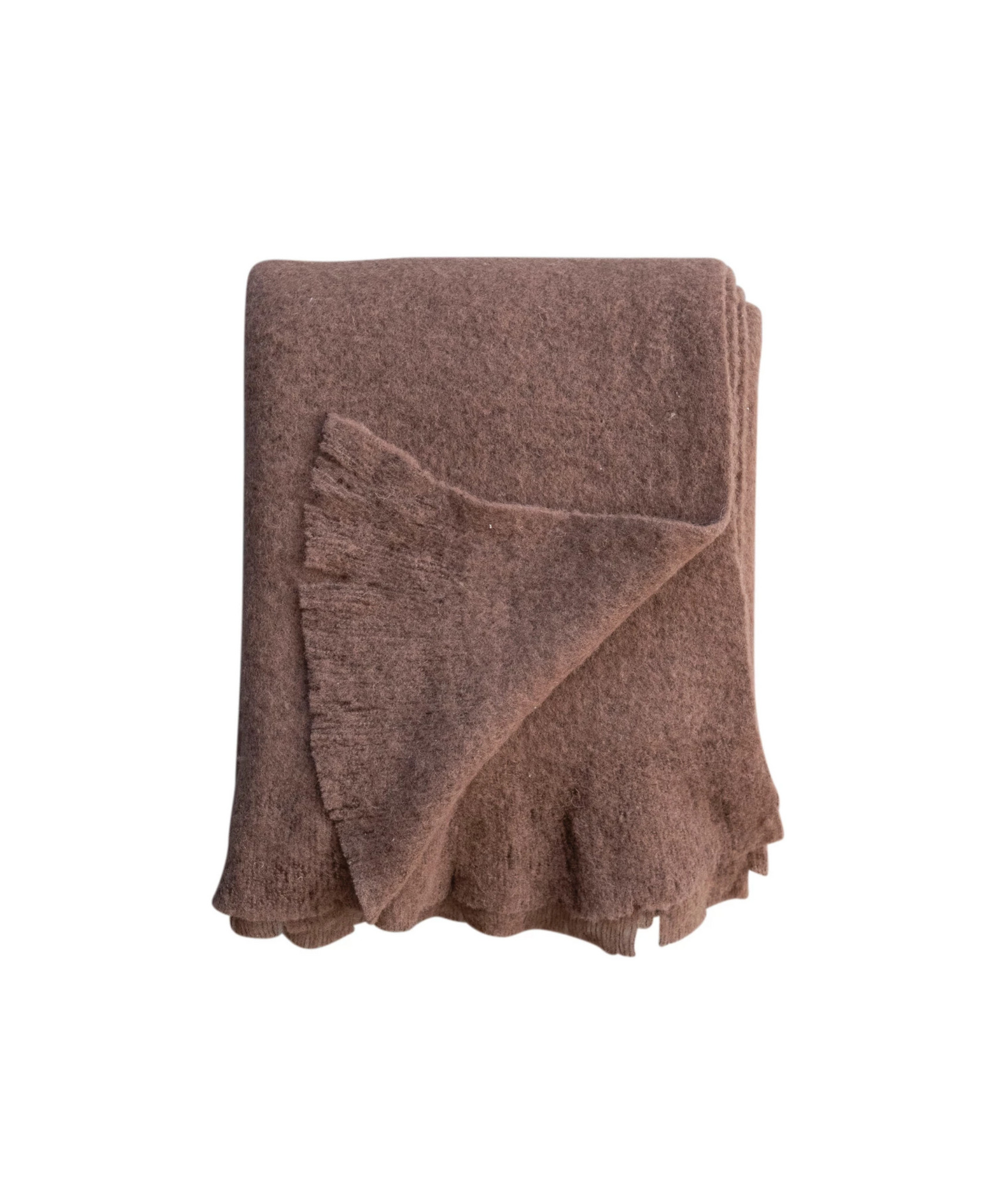 Brushed New Zealand Wool Throw With Ruffled Edge, Brown