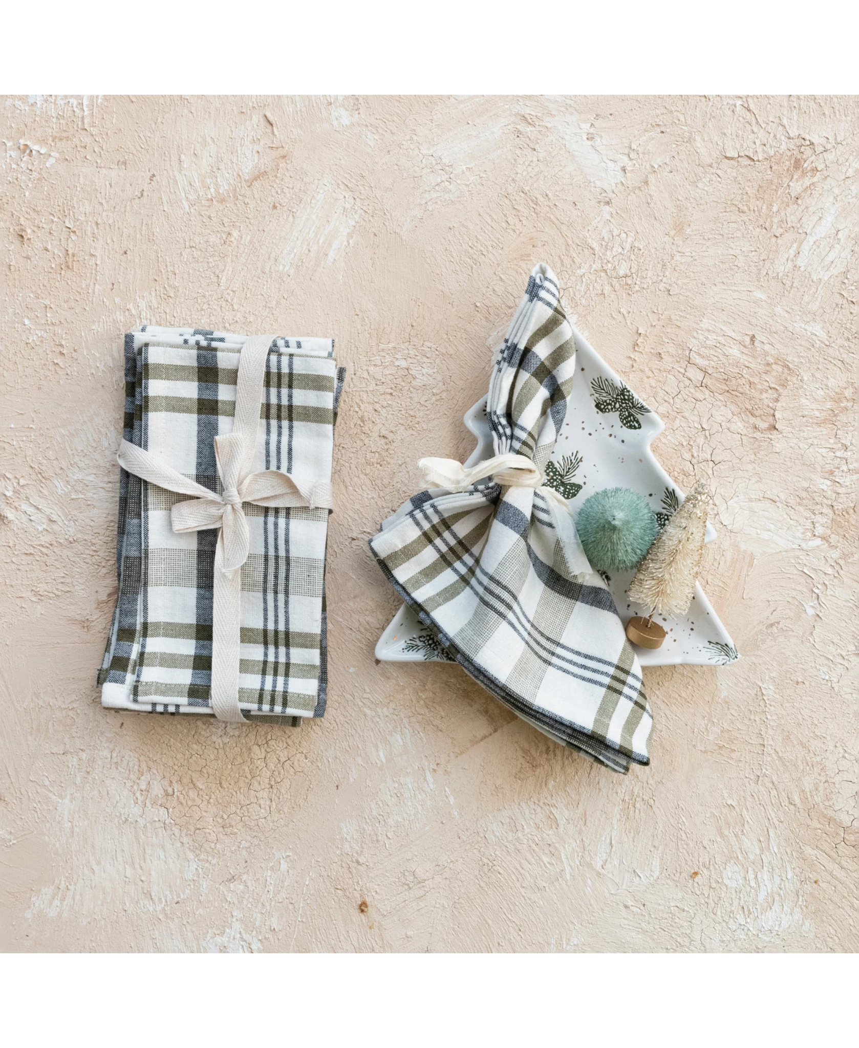 Stonewashed Cotton Napkins, White & Green Plaid, Set of 4