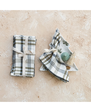 Stonewashed Cotton Napkins, White & Green Plaid, Set of 4