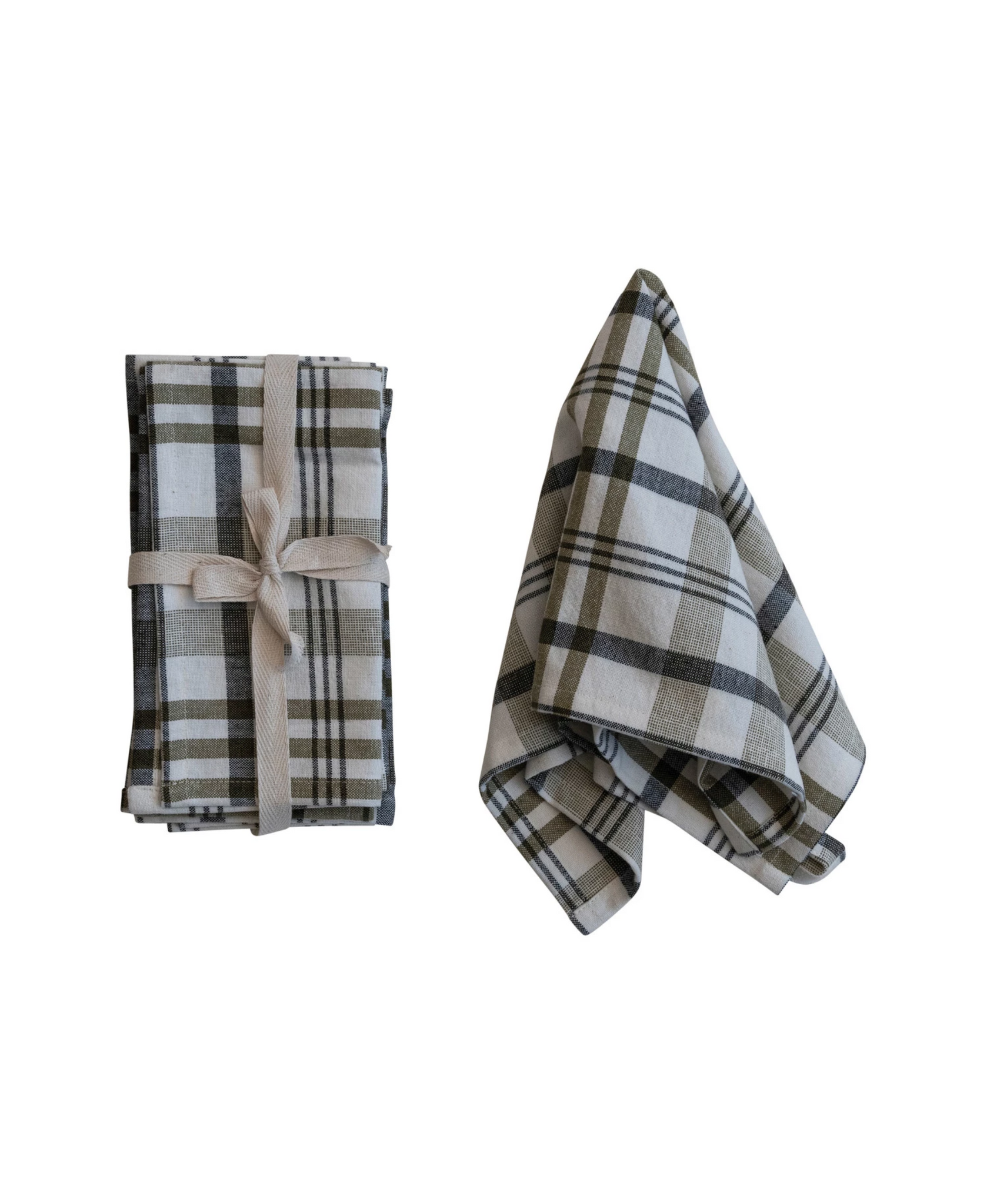 Stonewashed Cotton Napkins, White & Green Plaid, Set of 4
