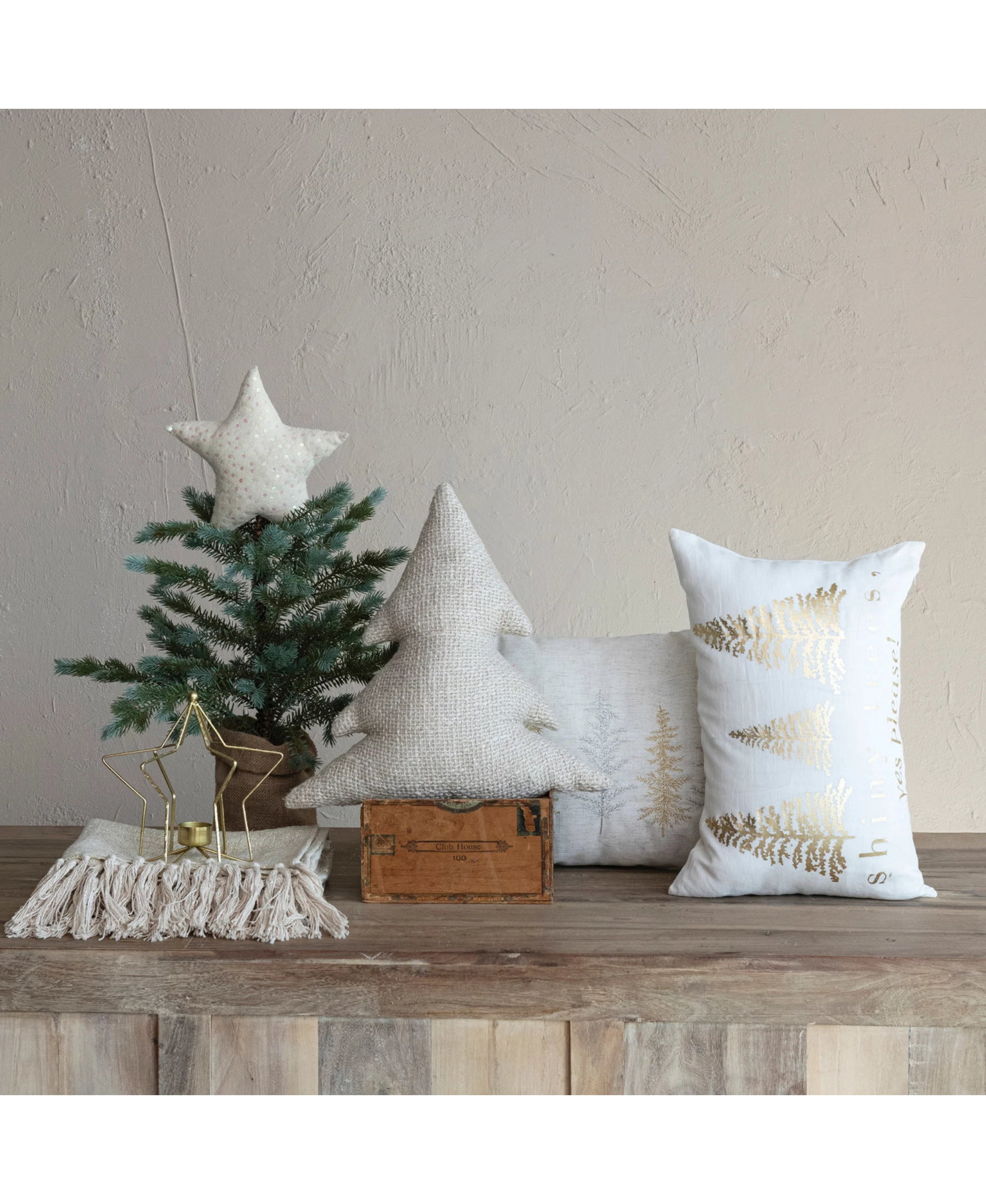 Woven Cotton Slub Tree Shaped Pillow - Natural With Metallic Gold Thread