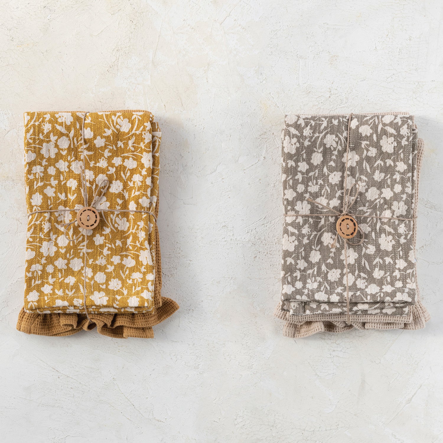 Cotton Slub Printed & Cotton Waffle Tea Towels - Set of 2