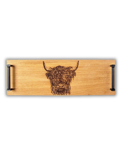 Highland Cow Oak Tray with Black Steel Handles