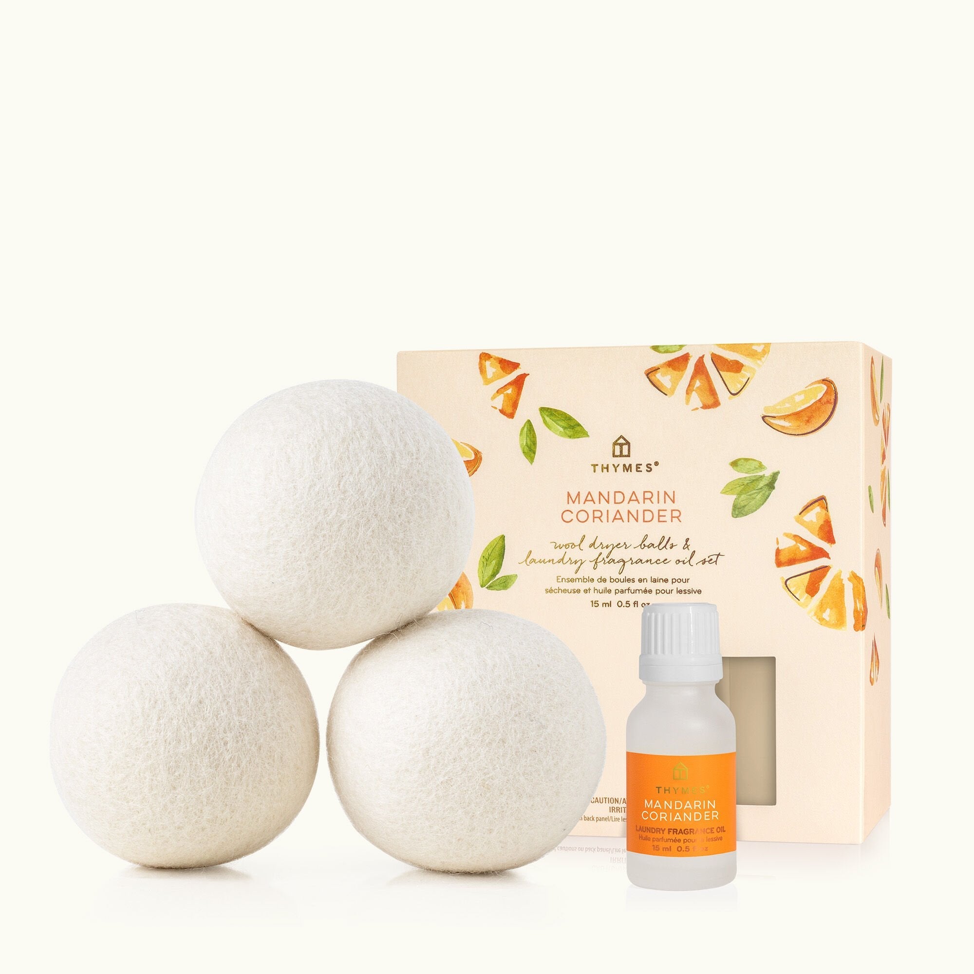 Thymes Mandarin Coriander Wool Dryer Balls & Laundry Fragrance Oil Set