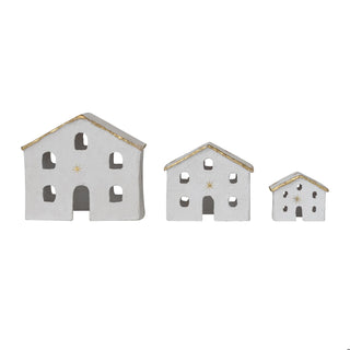 Paper Mache Houses With Gold Foil Stars & Trim, White, Set of 3