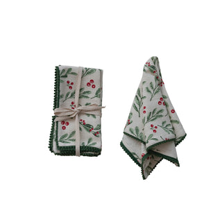 Square Cotton Slub Mistletoe Napkins With Mini Pom Pom Trim