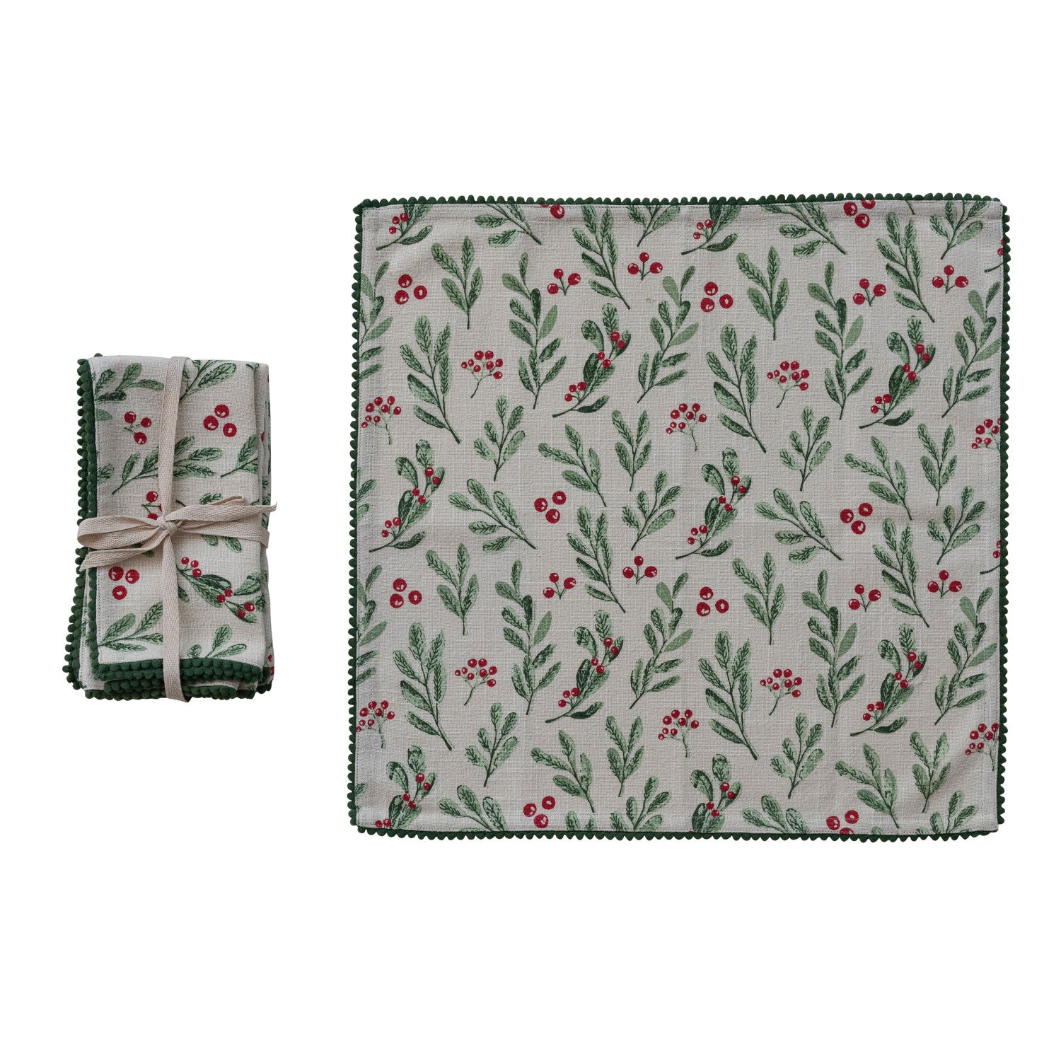 Square Cotton Slub Mistletoe Napkins With Mini Pom Pom Trim