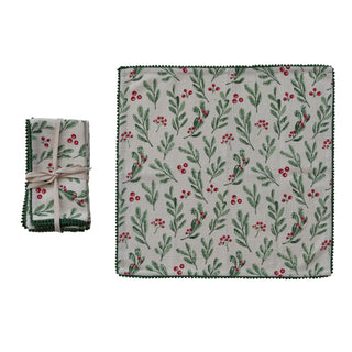 Square Cotton Slub Mistletoe Napkins With Mini Pom Pom Trim