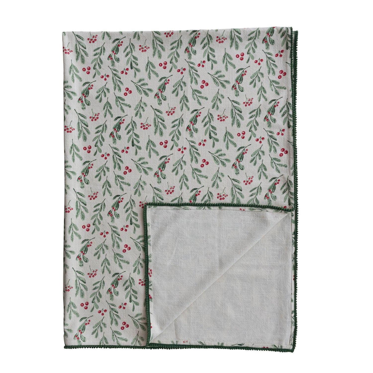 Cotton Table Cloth With Mistletoe Pattern Mini Pom Pom Trim