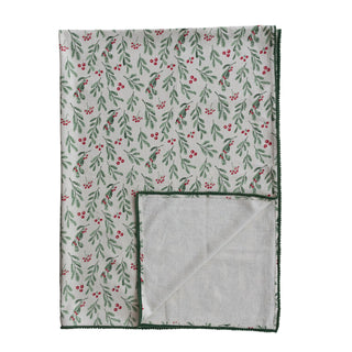 Cotton Table Cloth With Mistletoe Pattern Mini Pom Pom Trim