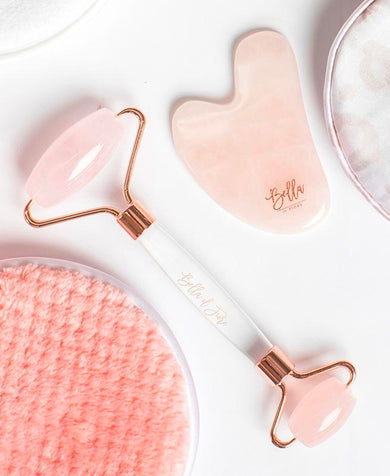 Bella Rose Quartz Roller + Gua Sha Stone Tool Kit