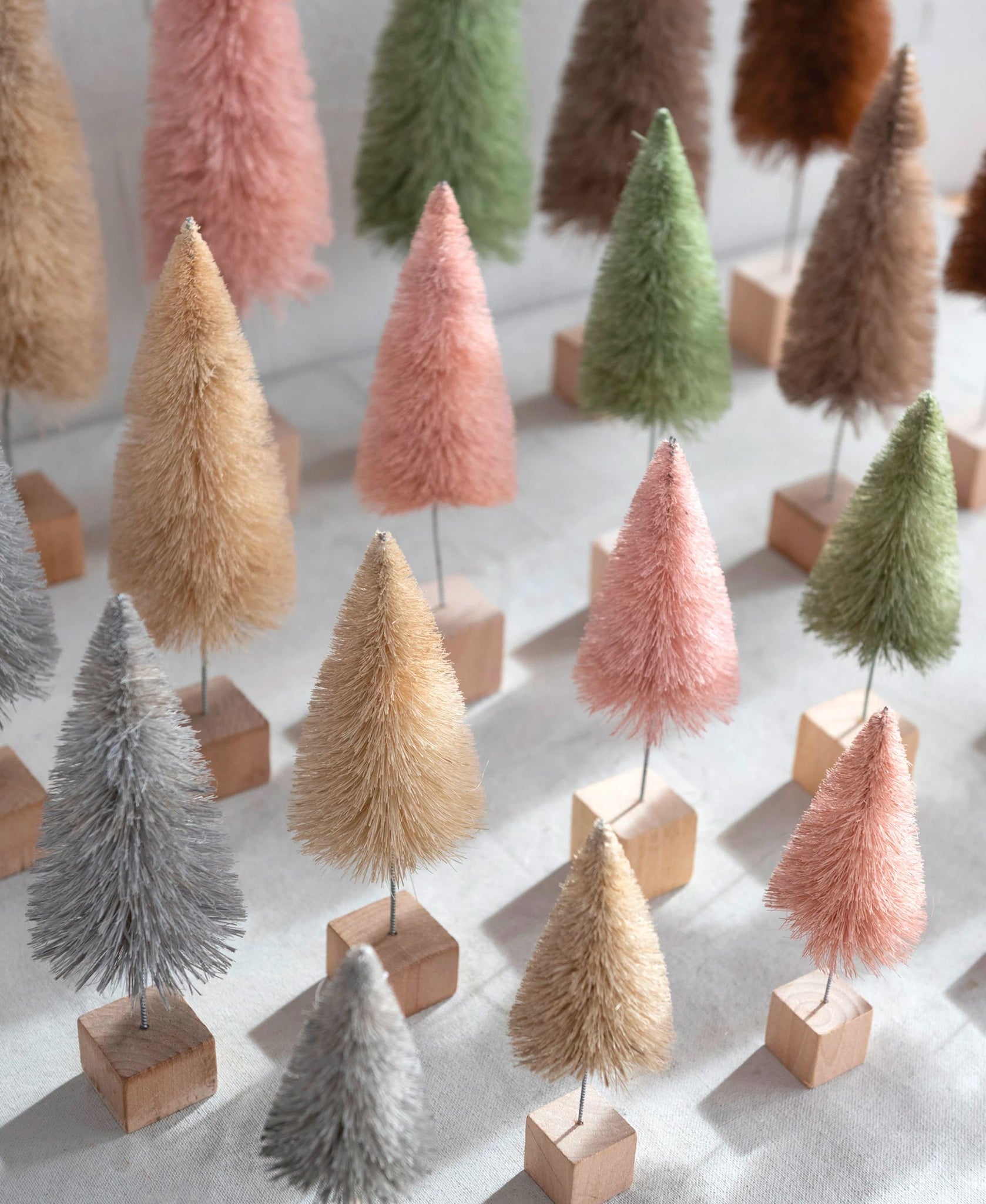 Sisal Bottle Brush Trees with Cubed Wood Base, 6 Colors