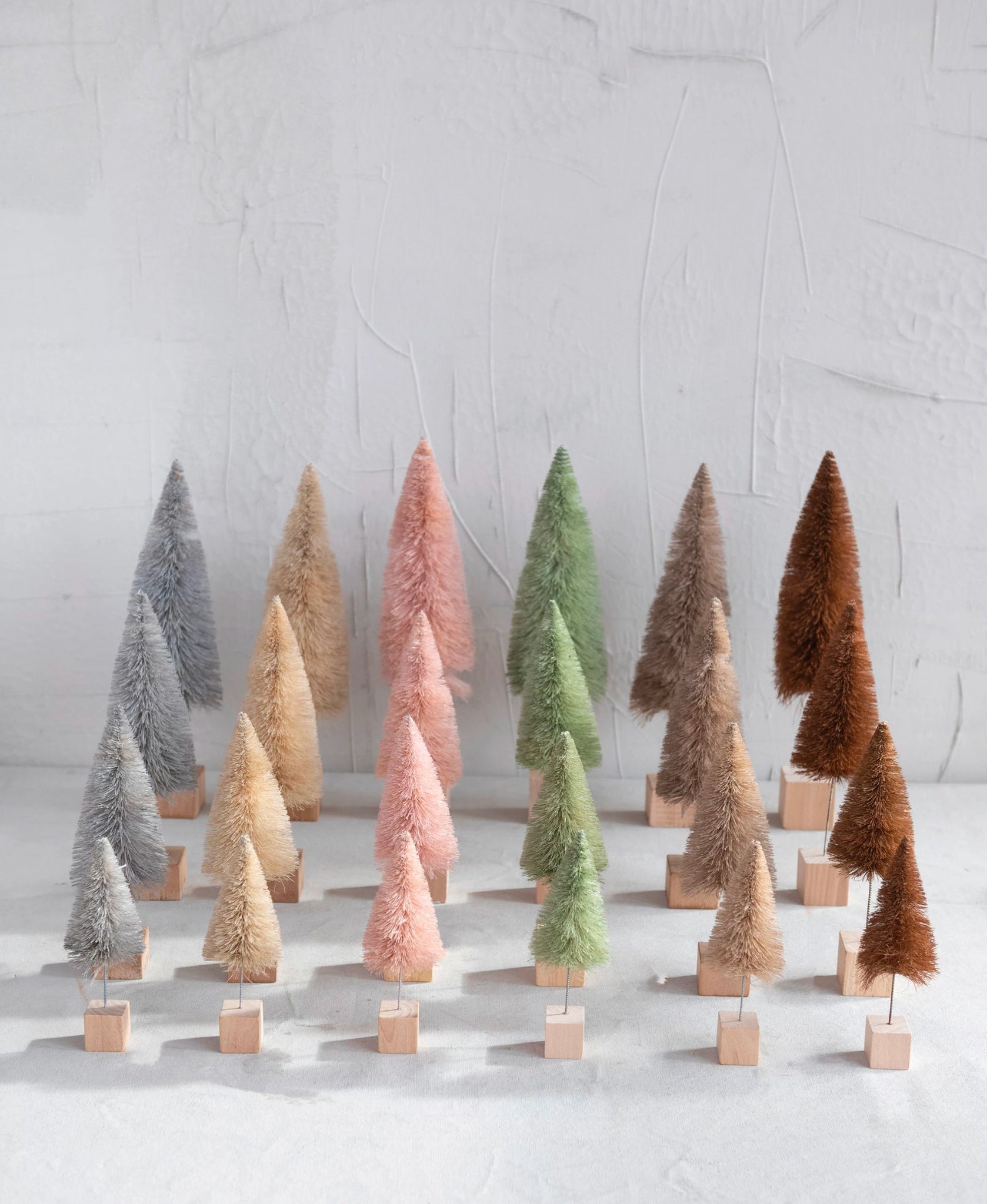 Sisal Bottle Brush Trees with Cubed Wood Base, 6 Colors