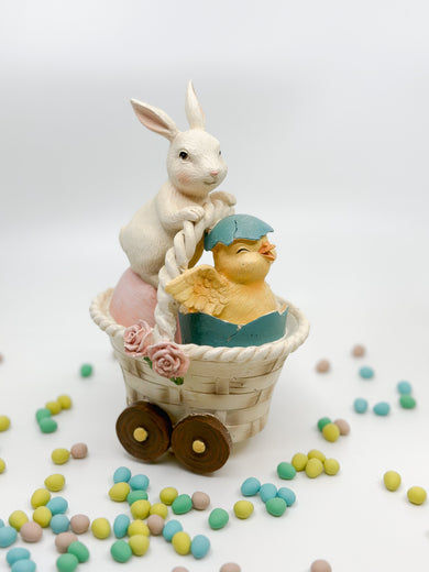 Easter Bunny and Baby Chick in Basket on Wheels Figurine