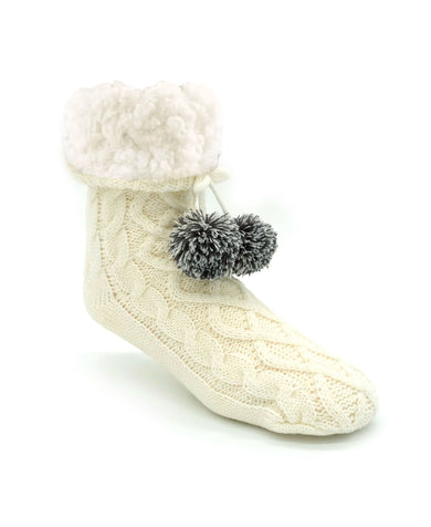 Pudus Cable Knit Slipper Socks White Adult