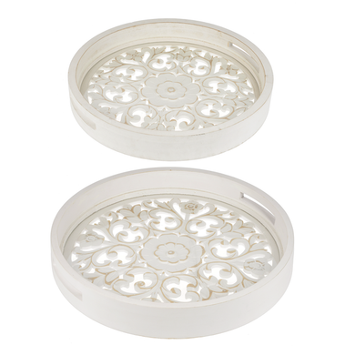 Carved White Round Floral Tray with Glass - Large