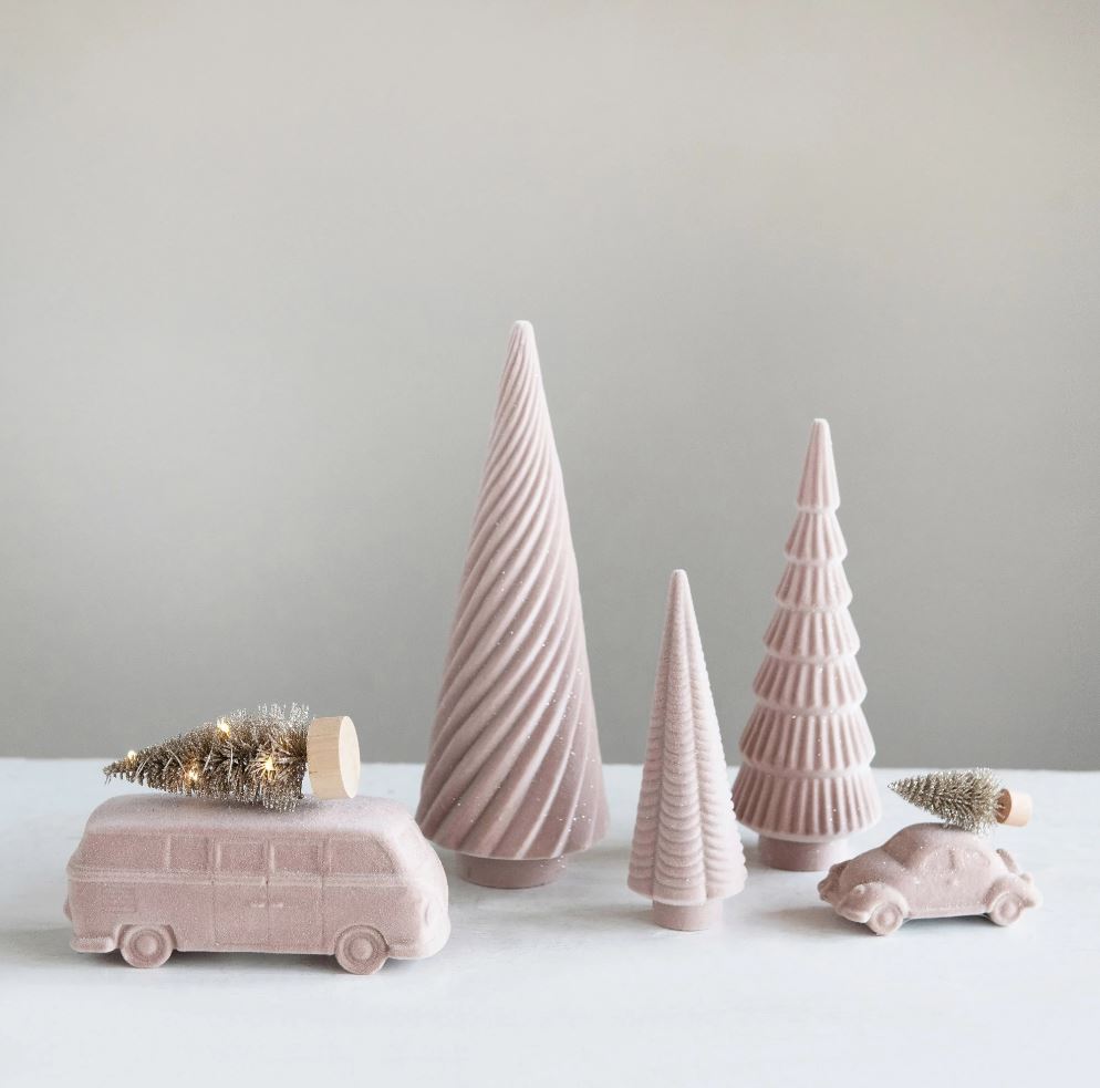 Flocked Vintage Car with Bottle Brush Tree