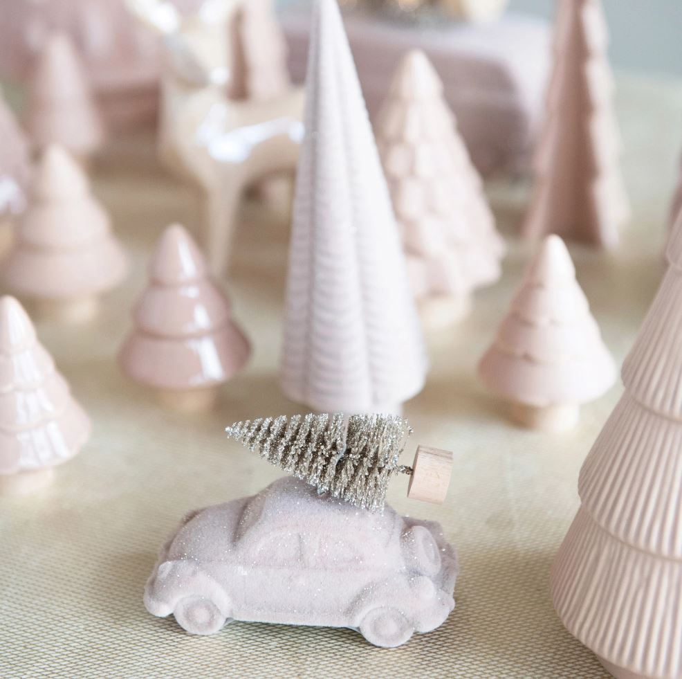 Flocked Vintage Car with Bottle Brush Tree