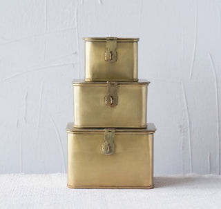 Square Decorative Metal Boxes With Brass Finish - Set of 3