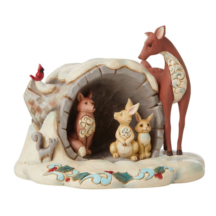 Winter Woodland Animals in Hollow Log Figurine
