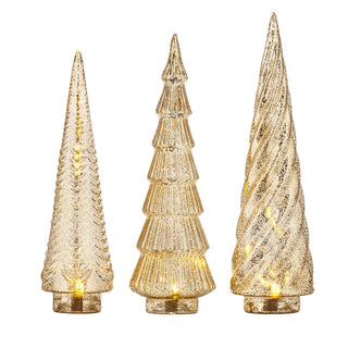 Gold Mercury Glass LED Lighted Christmas Trees - Set of 3