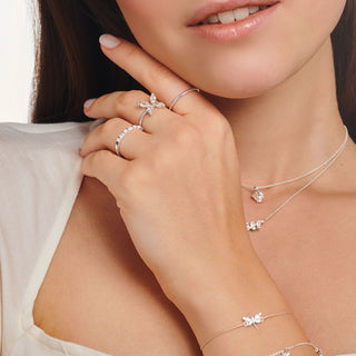 Baguette And Round Cut White Stone Ring - Silver