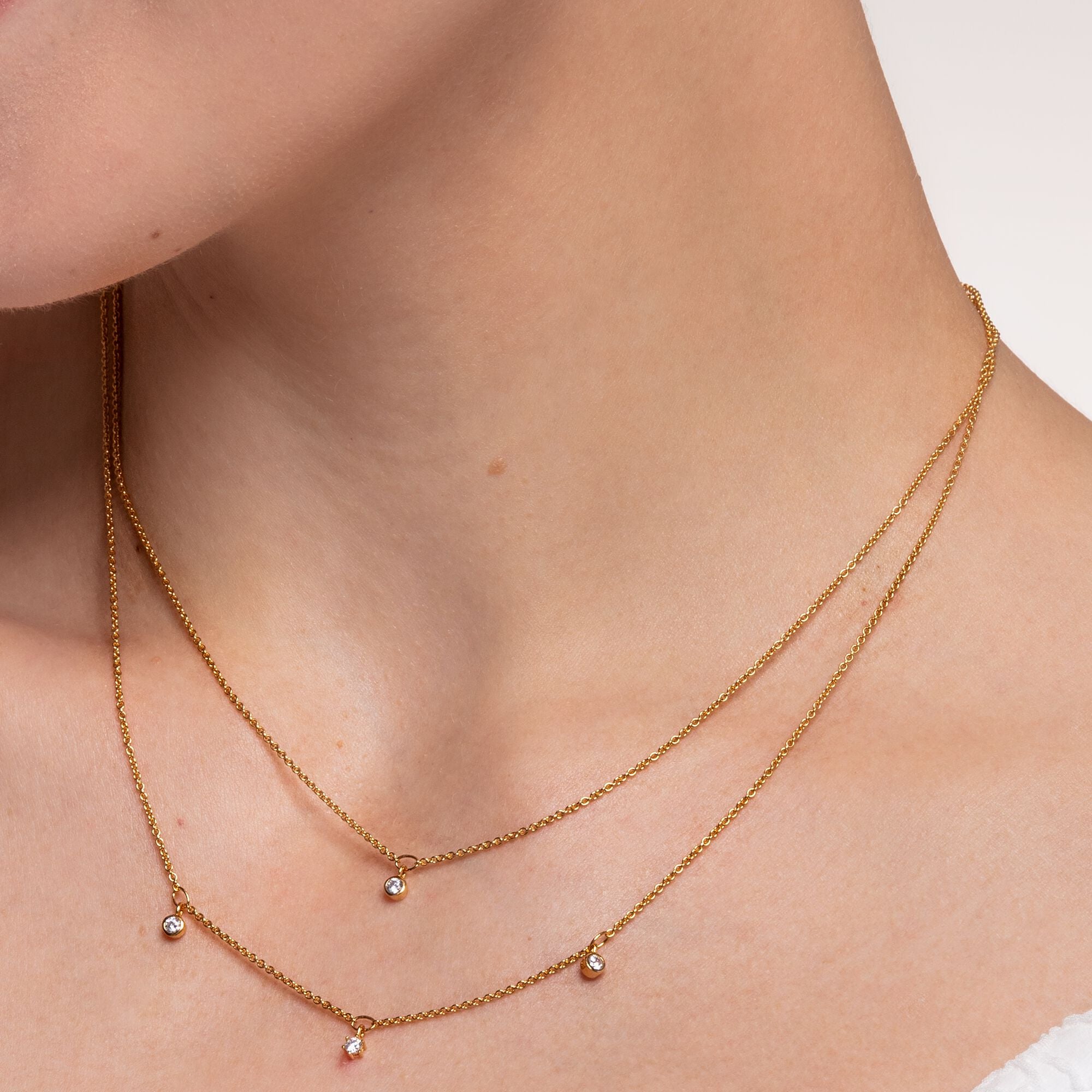 Double Row Necklace With White Stones - Gold