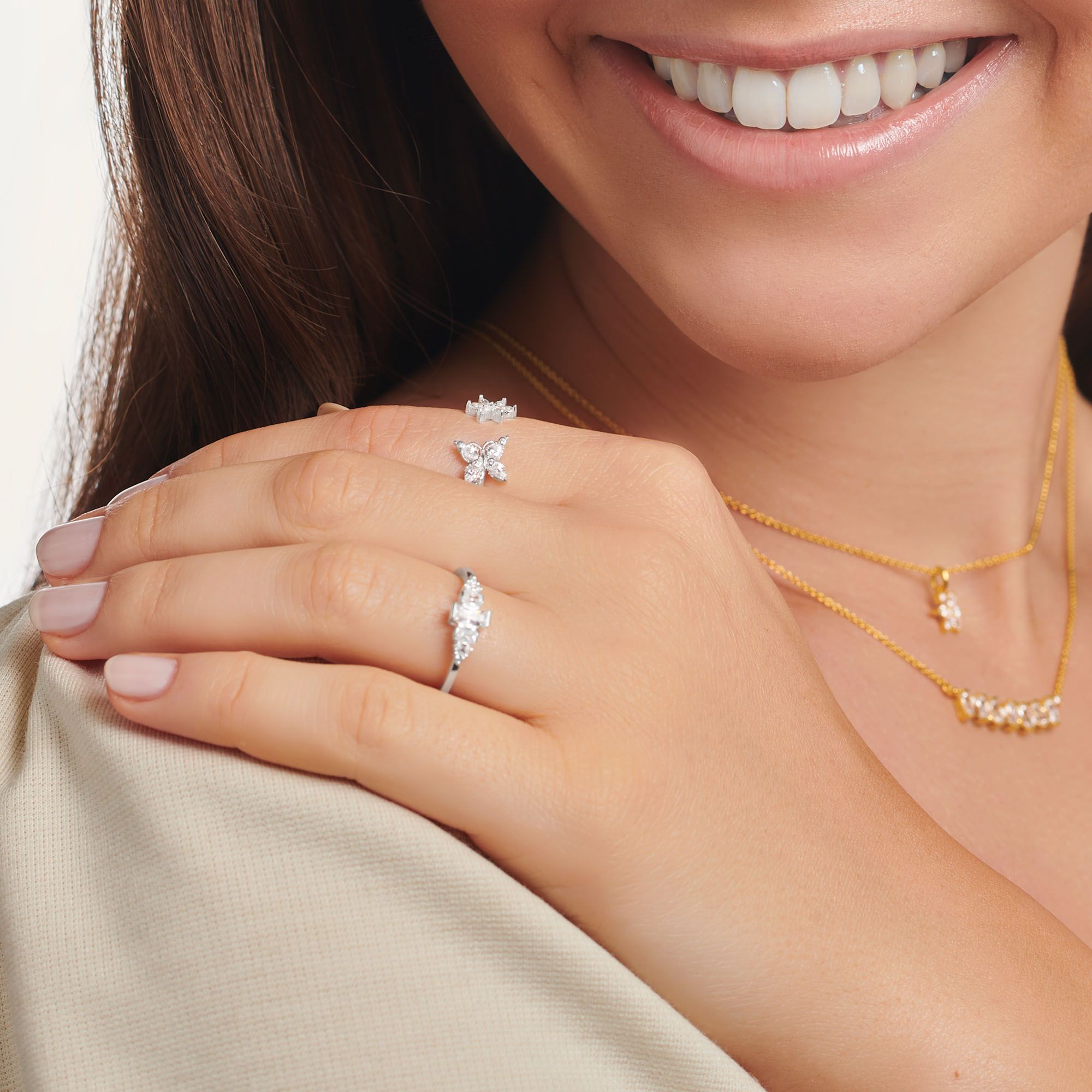 White Stone Butterfly and Flower Open Ring - Silver