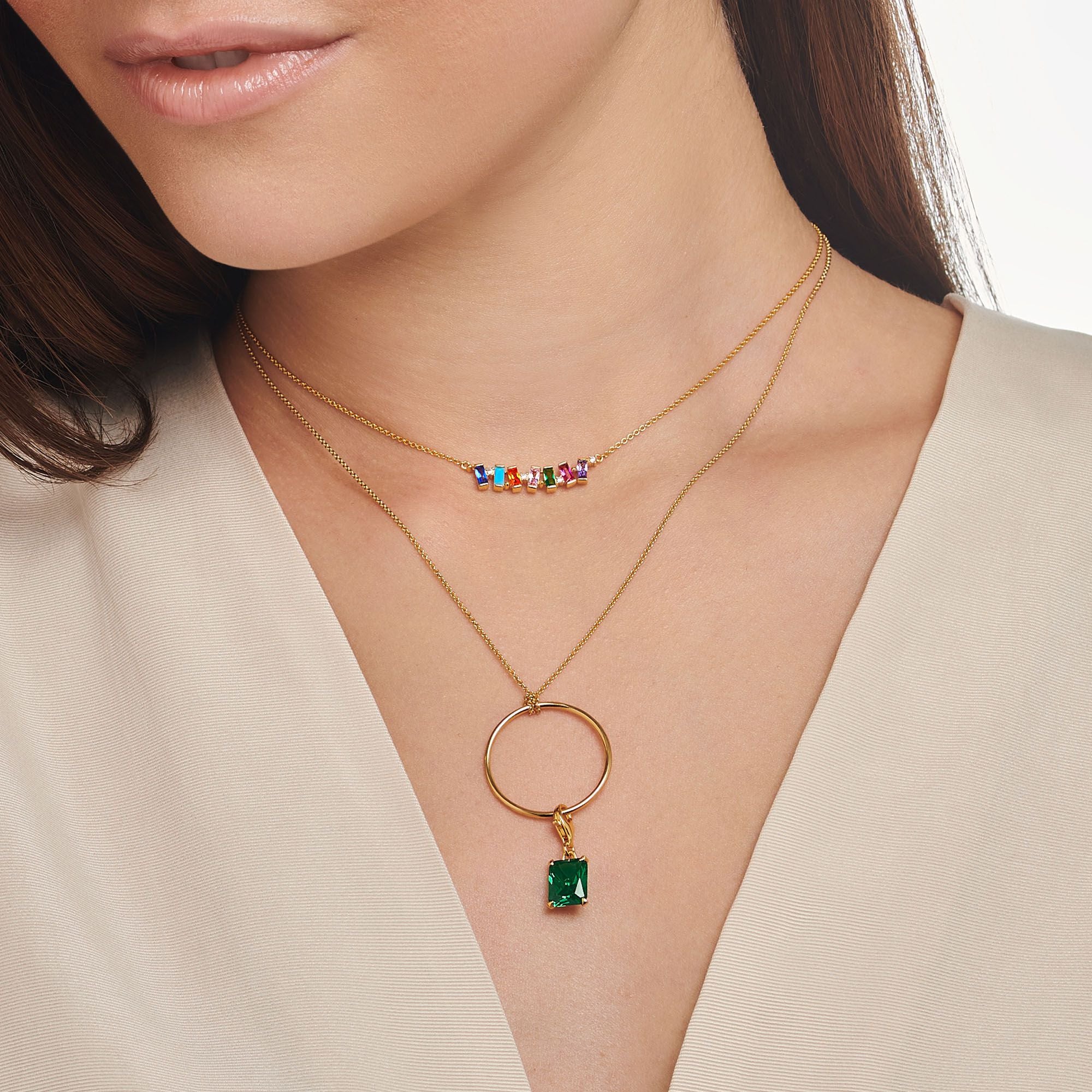 Large Green Stone Charm Pendant - Gold