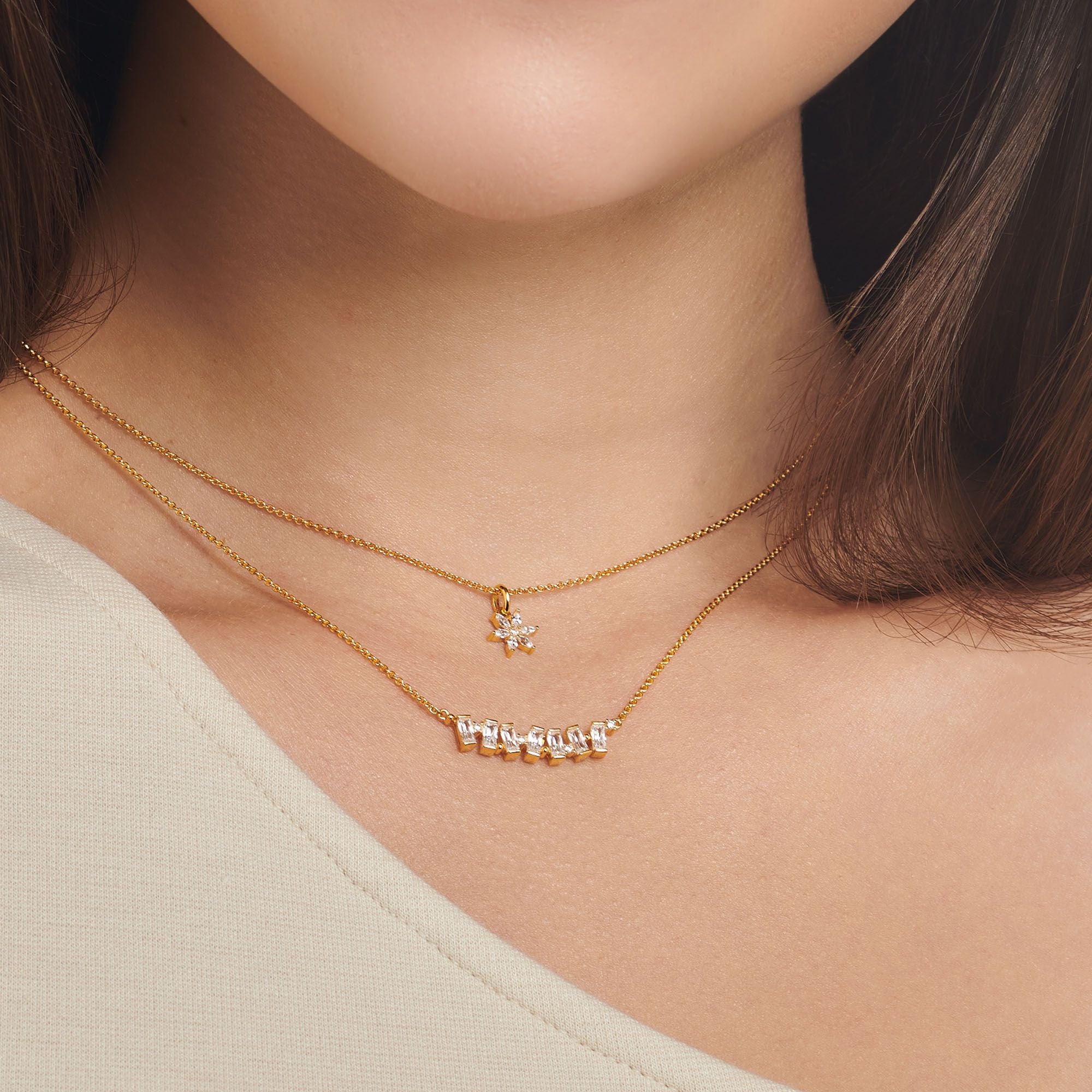 White Baguette Stone Necklace - Gold