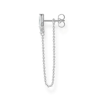 Single Ear Stud Baguette Cut With Chain - Silver