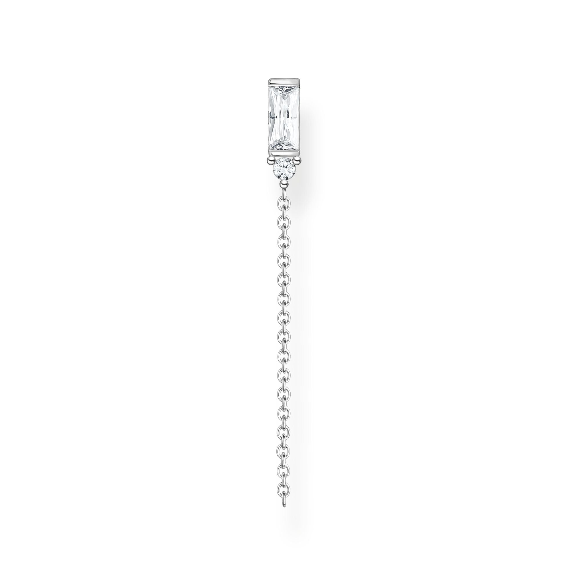 Single Ear Stud Baguette Cut With Chain - Silver