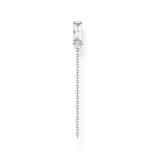 Single Ear Stud Baguette Cut With Chain - Silver